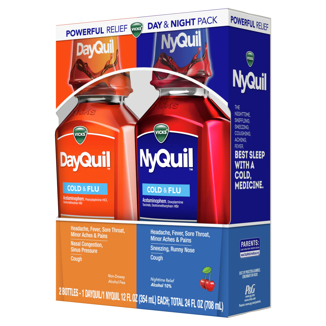 Vicks Dayquil And Nyquil Cherry Cold Flu And Congestion Medicine Relieves Cough Sore Throat Fever Runny Nose Daytime And Nighttime - (2x12)oz/6pk