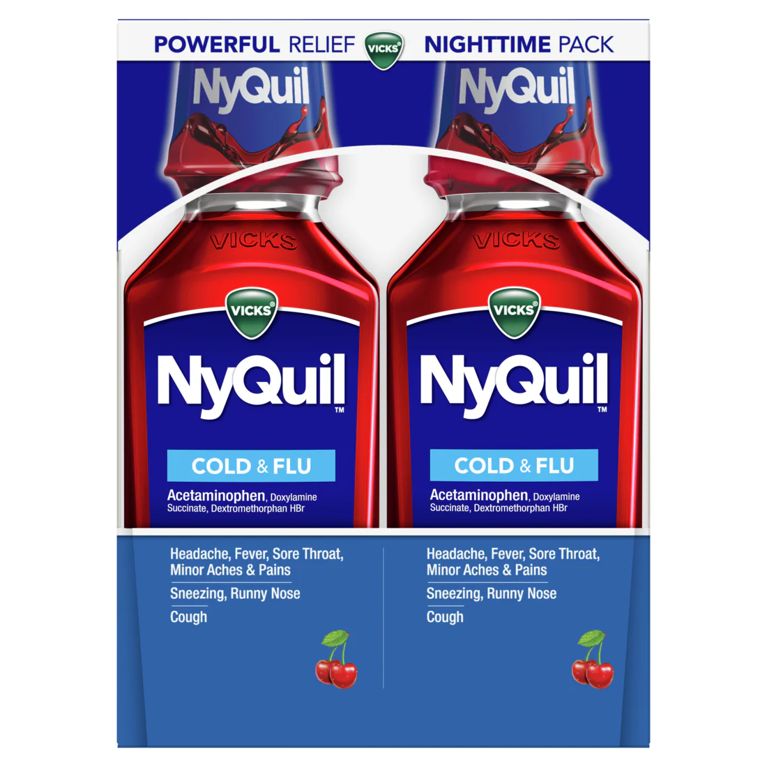 Vicks Nyquil Cold And Flu Medicine Twin Pack Cherry Flavor Relieves Nighttime Cough Sore Throat Fever Runny Nose - (2x12)oz/6pk