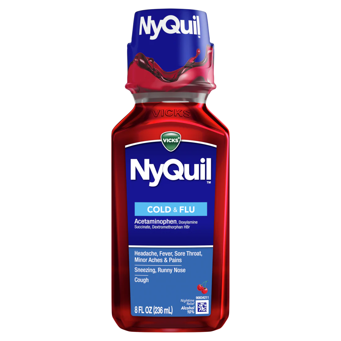 Vicks Nyquil Cherry Cold & Flu Relief Liquid Over-The-Counter Medicine Powerful Multi-Symptom Nighttime Relief For Headache Fever Sore Throat Minor Aches And Pains Sneezing Runny Nose And Cough Cherry Flavored - 8oz/12pk