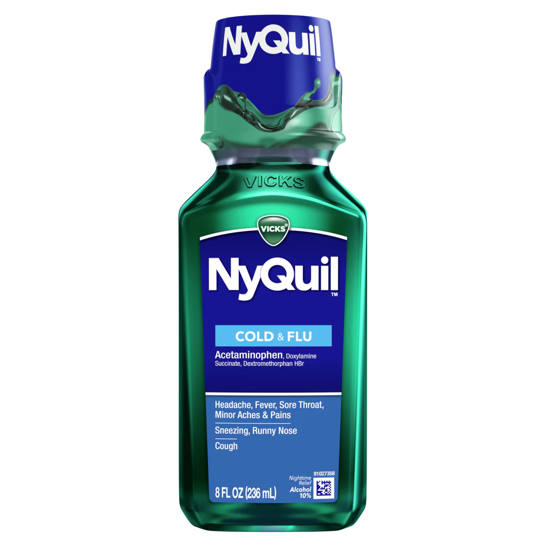 Vicks Nyquil Cold & Flu Relief Liquid Over-The-Counter Medicine Powerful Multi-Symptom Nighttime Relief For Headache Fever Sore Throat Minor Aches And Pains Sneezing Runny Nose And Cough - 8oz/12pk