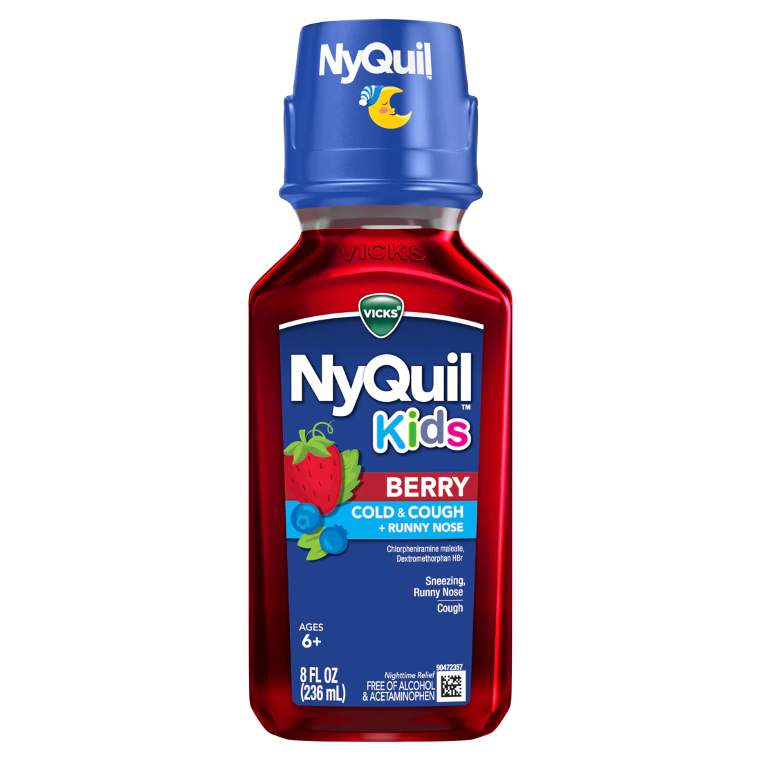 Vicks Nyquil Kids Berry Cold & Cough + Runny Nose Multi-Symptom Medicine Nighttime Relief From Sneezing Runny Nose Nasal Congestion & Cough Great-Tasting Berry Flavor Free Of Alcohol & Acetaminophen For Children Ages 6+ - 8oz/12pk