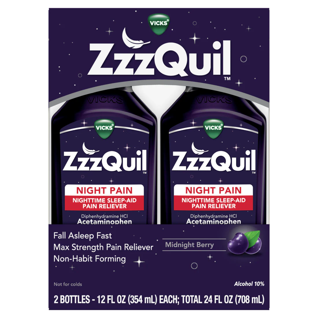 Zzzquil Liquid Max Strength Pain Reliever Nighttime Sleep Aid Liquid Acetaminophen 1000Mg Diphenhydramine 50Mg Hci Non-Habit Forming Midnight Berry Flavored 2 Pack - (2x12)oz/3pk