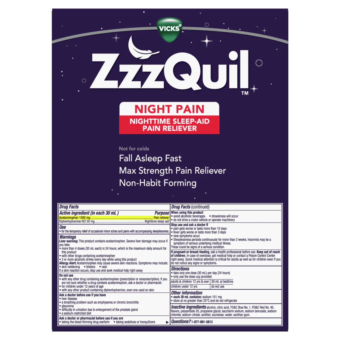 Zzzquil Liquid Max Strength Pain Reliever Nighttime Sleep Aid Liquid Acetaminophen 1000Mg Diphenhydramine 50Mg Hci Non-Habit Forming Midnight Berry Flavored 2 Pack - (2x12)oz/3pk - Image 2
