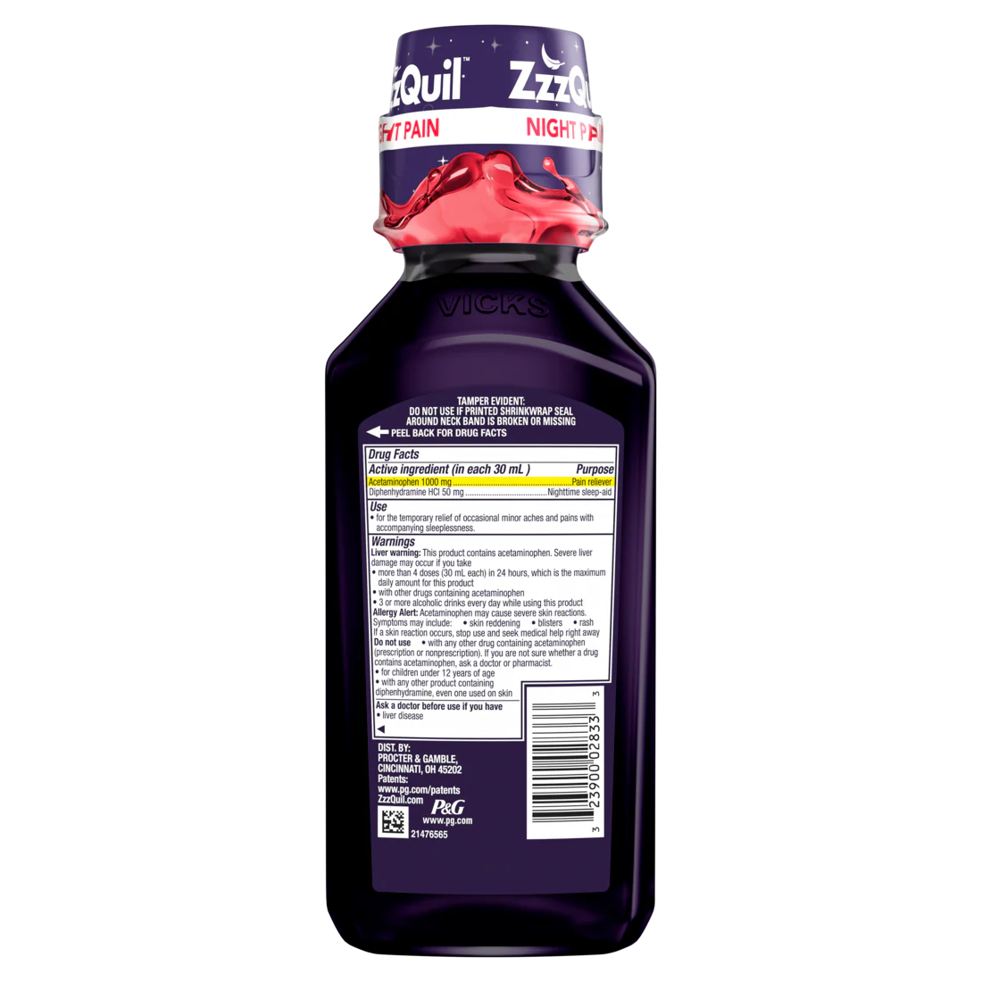Zzzquil Liquid Max Strength Pain Reliever Nighttime Sleep Aid Liquid Acetaminophen 1000Mg Diphenhydramine 50Mg Hci Non-Habit Forming Black Cherry Flavored - 12oz/12pk - Image 2