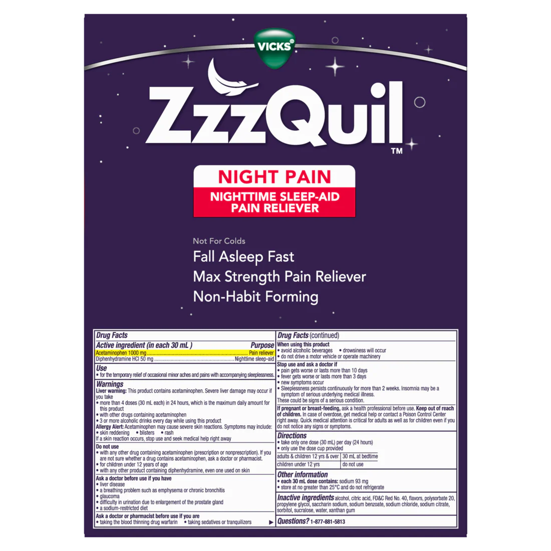 Zzzquil Liquid Max Strength Pain Reliever Nighttime Sleep Aid Liquid Acetaminophen 1000Mg Diphenhydramine 50Mg Hci Non-Habit Forming Black Cherry Flavored - (2x12)oz/3pk - Image 2