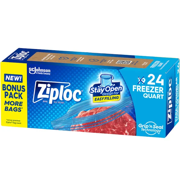Ziploc Stay Open Freezer Bag Quart - 24ct/12pk